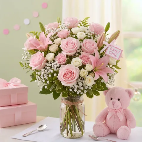 Τρυφερή και φωτεινή floral σύνθεση ολόφρεσκων ανθέων άριστης διαλογής σε απαλές παστέλ αποχρώσεις συνοδευόμενη από ένα απαλό λούτρινο αρκουδάκι για δώρο σε νεογέννητο μωρό